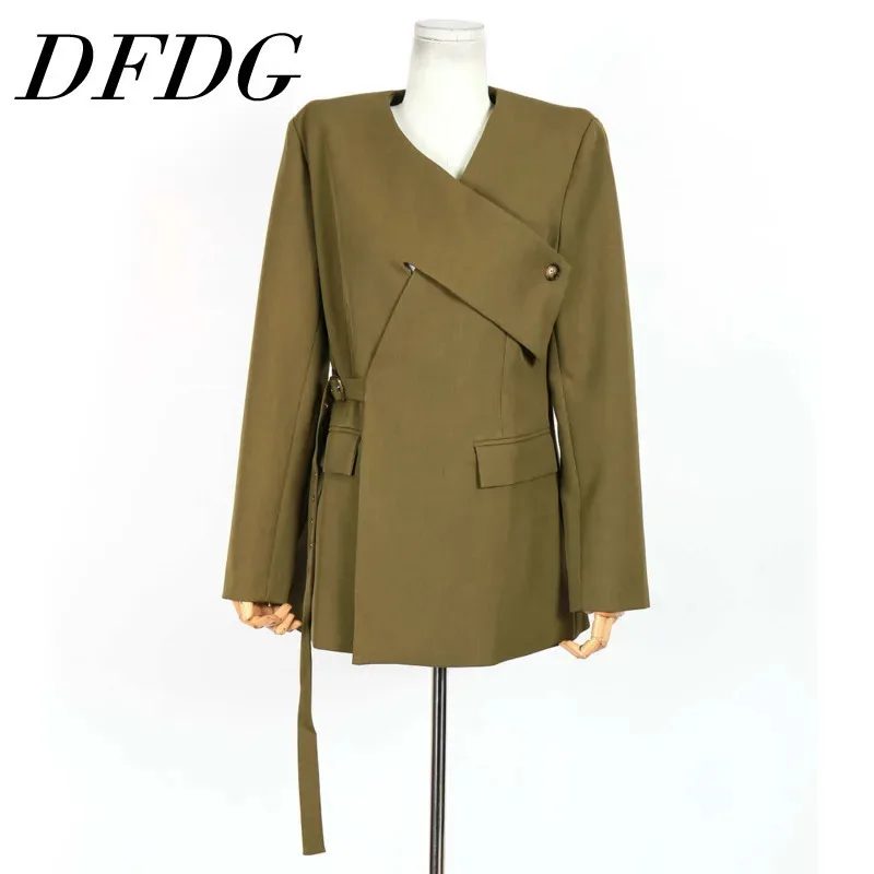 DFDG 2025 ผู้หญิงสีทึบBlazerการออกแบบข้ามไม่สม่ําเสมอและแฟชั่นLace-Up Cinched-เอวเสื้อใหม่