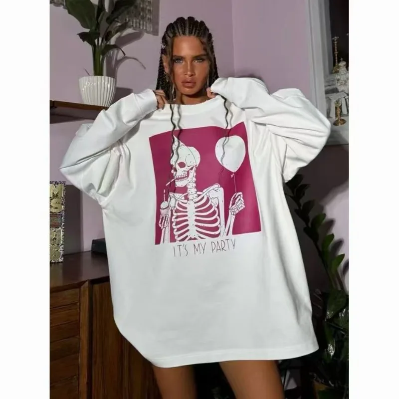 2025 Autumn Cotton Abstract Printed T-shirt Women's Fashionable O-neck Loose Long Sleeve Tshirt Female Casual Hip Hop Style Tops