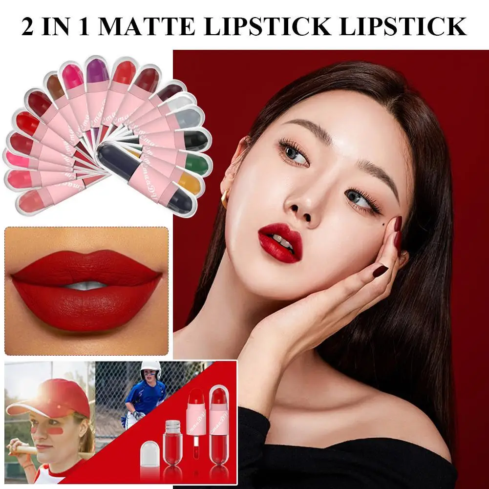 ลิปสติกแบบ2 in 1 18สีลิปกลอสสีม่วงน้ำกันน้ำยาวนานแต่งหน้าสองหัวลิปสติกสีแดงเข้มเซ็กซี่