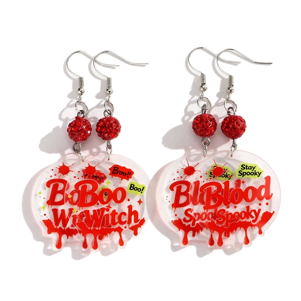 Halloween New Acrylic Blood Spooky Witch Letter Drop Earrings for Women Red Blood Dangle Earring Halloween Party Jewelry