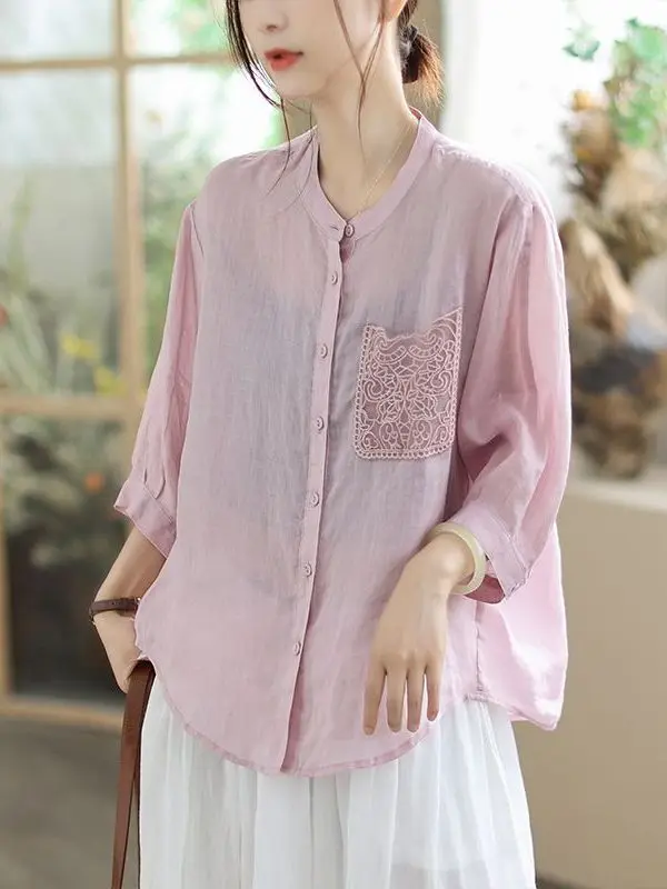 

Новая женская рубашка с длинным рукавом, простого художественного дизайна, больших размеров, весна-осень, в национальном стиле, с воротником-стойкой, с открытым передом.