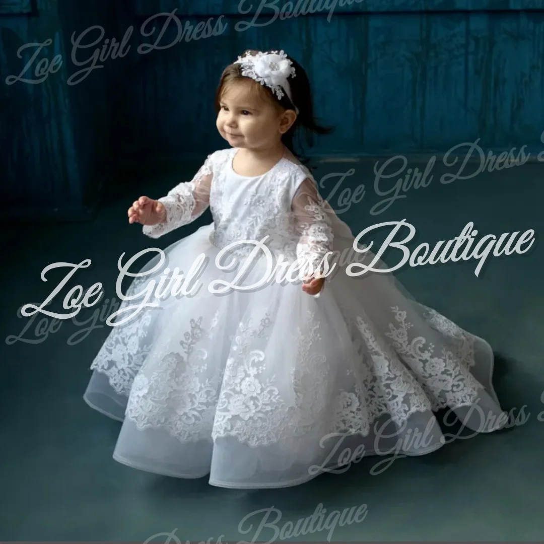 White Baby Girl Dress Baptism Dresses Lace Pearls 1st Year Birthday Party Christening  Long Infant Clothing Customized
