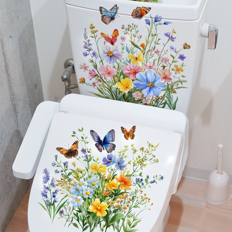 2Pcs Fresh Flower and Butterfly Toilet Stickers Creative Self - adhesive Decals for Decorating Toilet Tank and Seat in Bathroom
