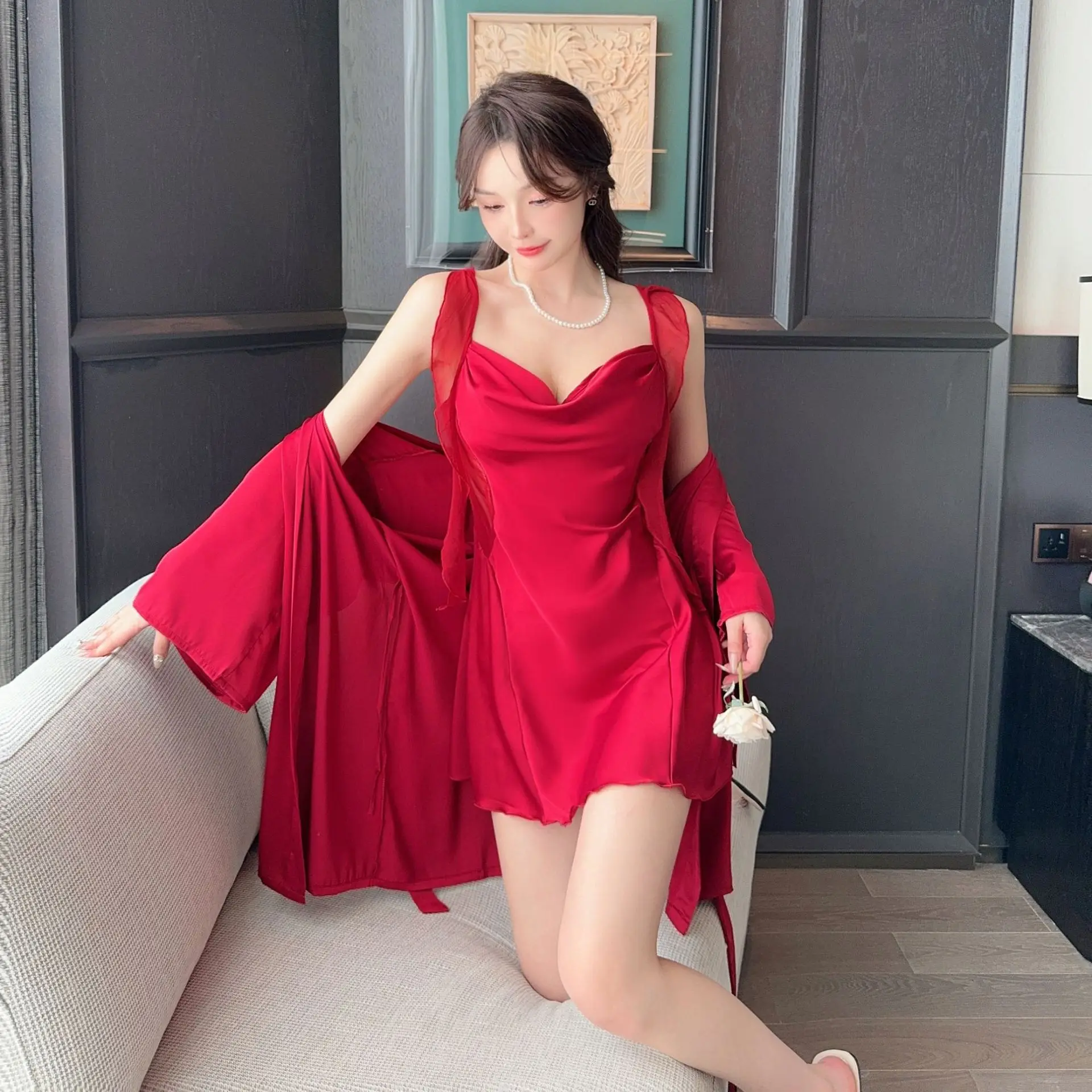 Sexy Minimalist Silk Sleepwear Set Two-Piece Set with Strap Outer Robe Casual Home Clothes Fashionable Simplicity Leisure Wear 5