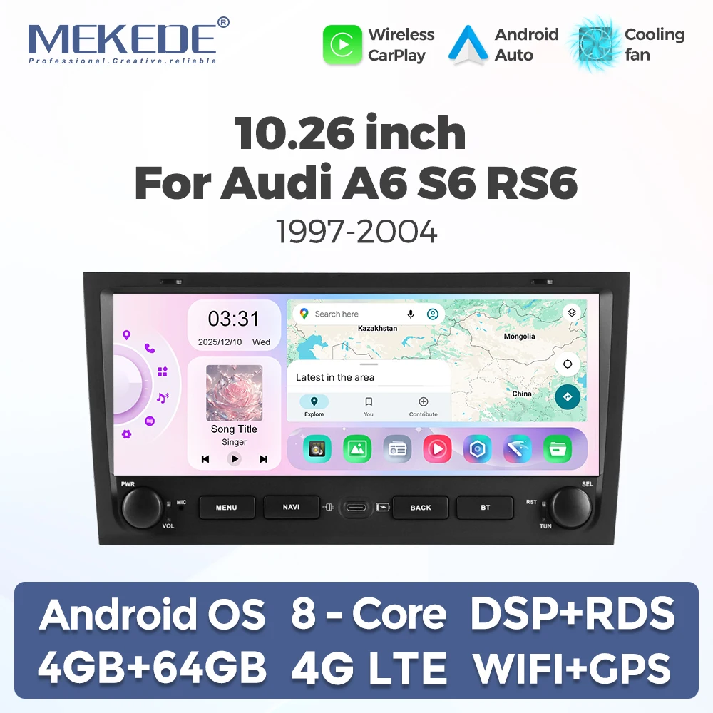 MEKEDE Autoradio Android 15 10,26 pouces 4G LTE BT WiFi CarPlay sans fil Android Auto GPS 1600x600 DSP FM RDS Écran multimédia pour voiture pour Audi A6 C5 C6 S6 RS6 1997-2004