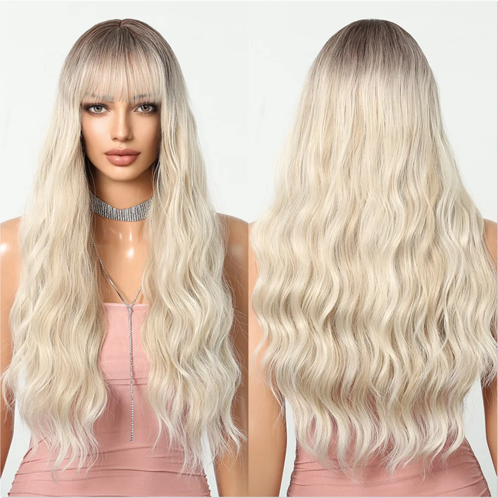 HENRY MARGU Platinum Blonde Synthetic Wigs Long Water Wavy Wig with Bangs Ombre Dark Roots Blonde Hair Heat Resistant Daily Wig