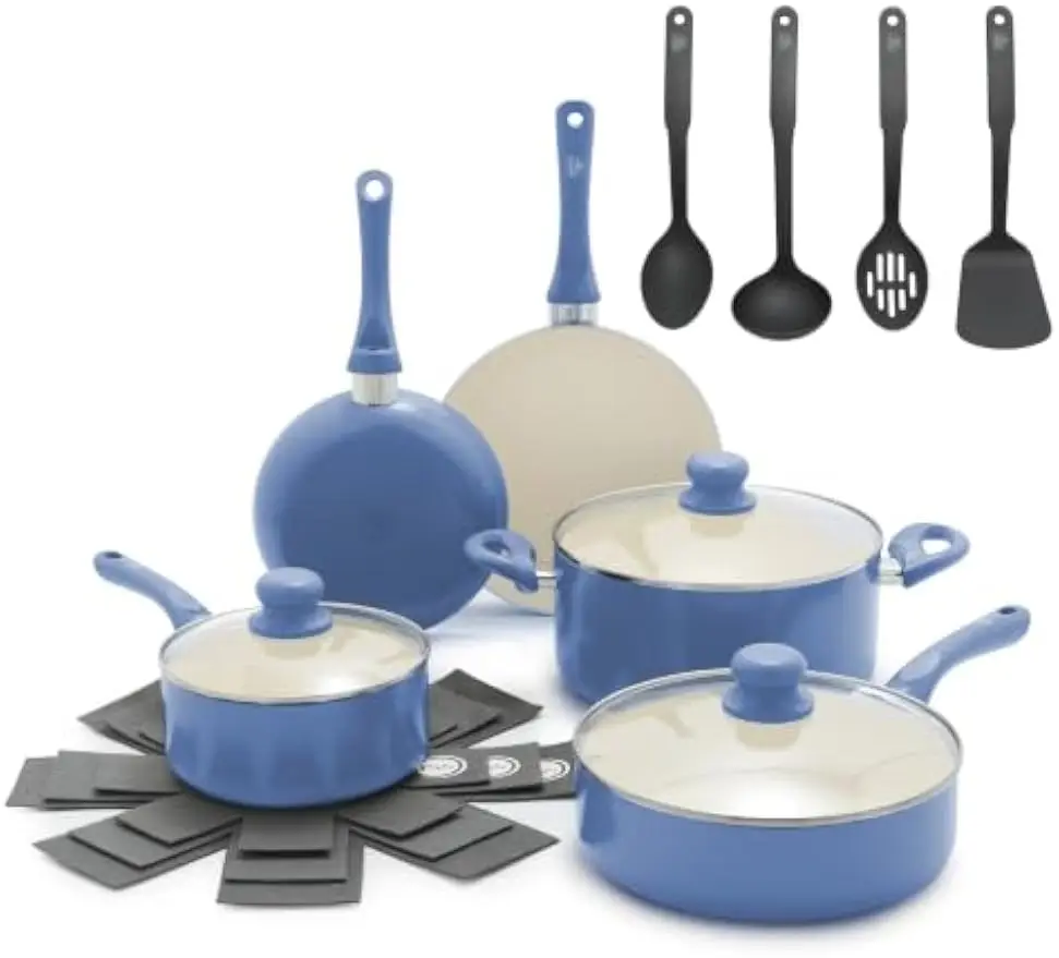 Slate Blue 16 Piece Nonstick Ceramic Pots Pans Cookware Set