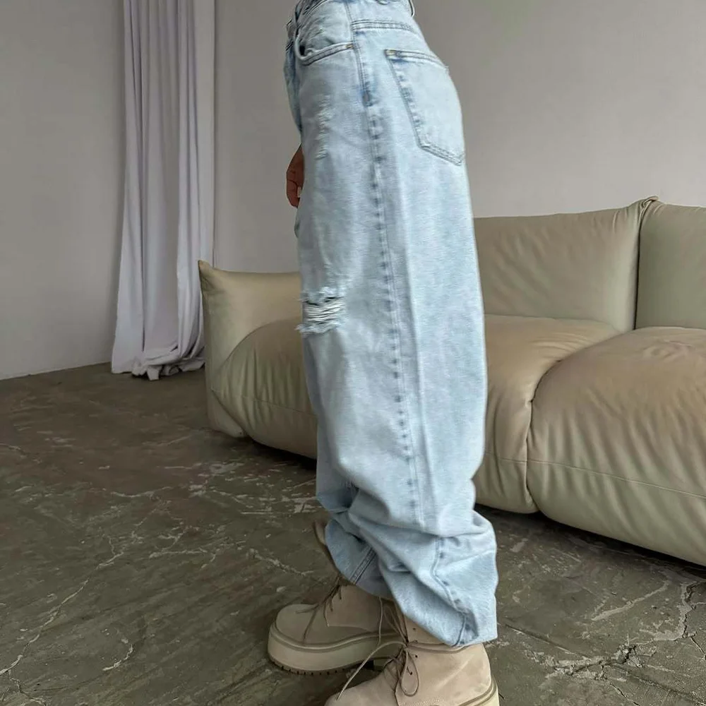 Jeans mit hoher Taille und weitem Bein für Damen, Frühlingsfaion, zerrissenes Loch-Design, lässige Taillen-Denim-Hose, lockere Passform für alle Jahreszeiten