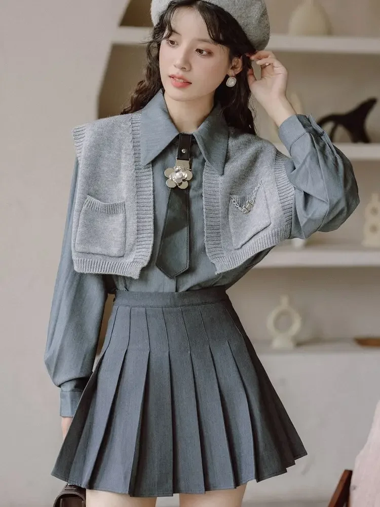 Autumn New Korea Japan Style Jk Set women's Short Suit Jacket White Shirt Short Pleated Skirt Fashion Grey Uniform Set
