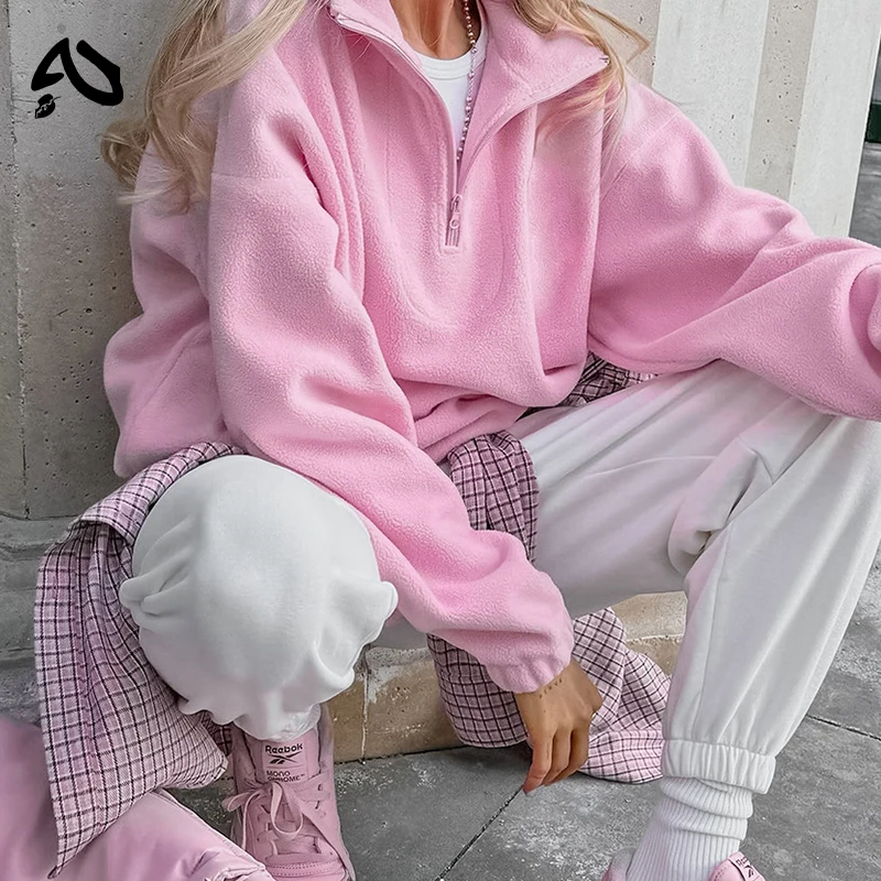Pink Winter Lamb Fleece Hoodie Women Zipper Lapel Pullover флисовая кофта женская кофта женская