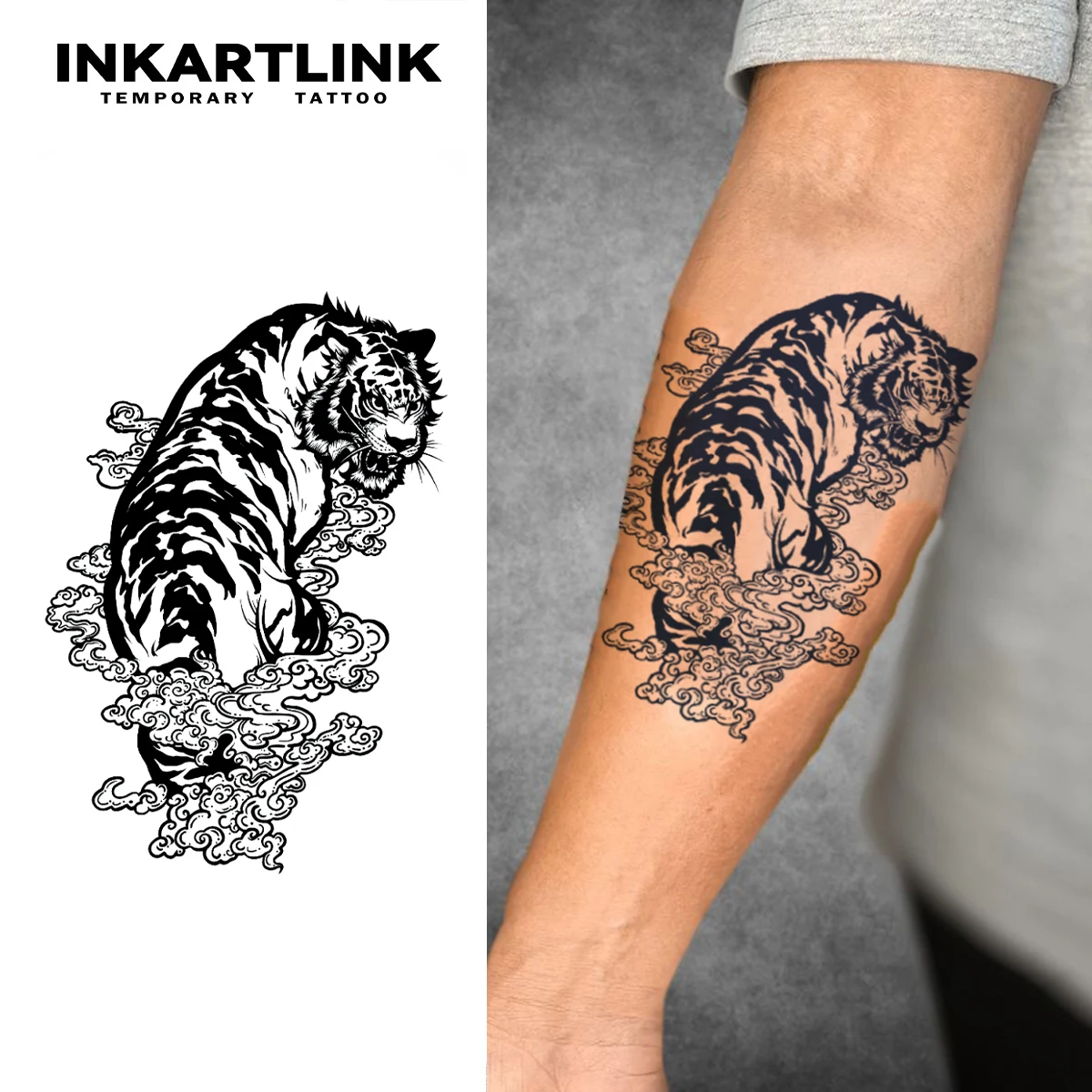 INKARTLINK Tiger Lucky Cloud Tattoo Patch 1-2 Weeks Long Lasting Eastern Roaring Tiger Totem Waterproof Temporary Tattoo