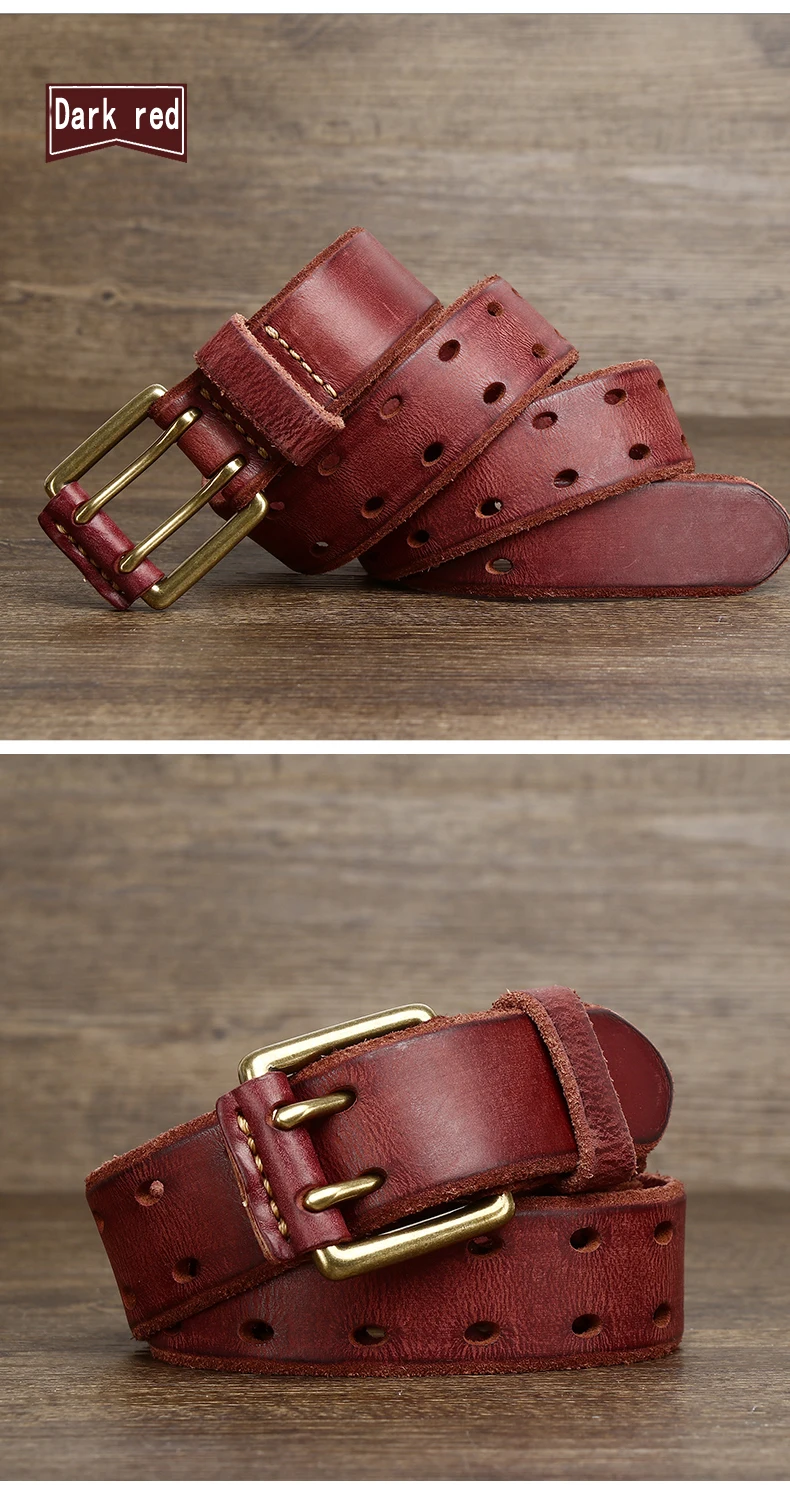 Belt For Men Leather Work Heavy Duty Double Buckles Dlawed Genuine Leather 3.8cm Male Copper Buckle Retro Brown Men's Belt