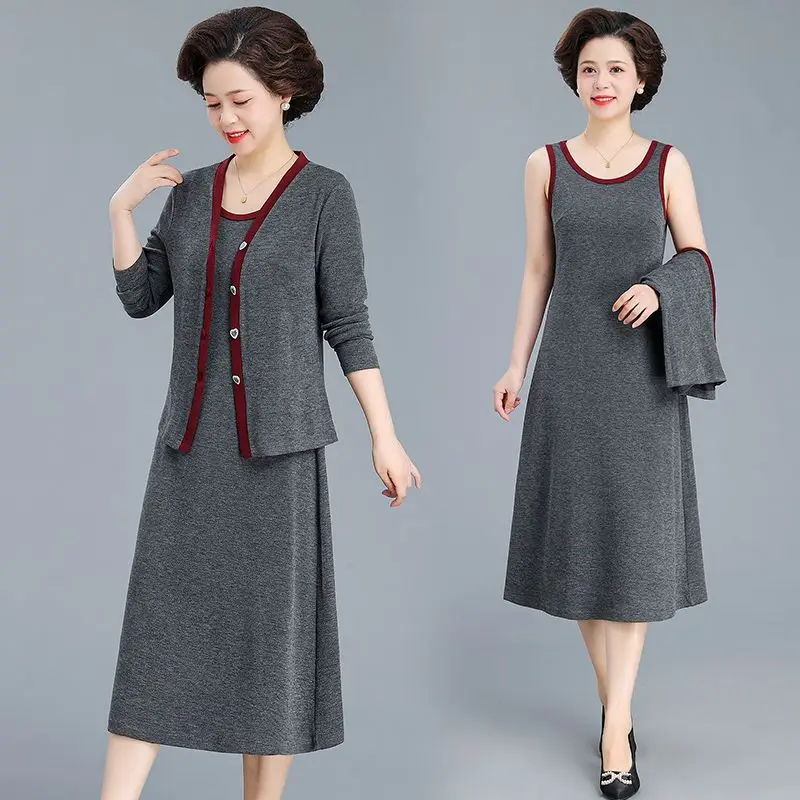 Women Dress Sets 2026 Spring Autumn Long Sleeve Coat + Tank Vest Dress 2PCS Fashion Casual Cardigan Jacket Sleeveless Dress 2PCS