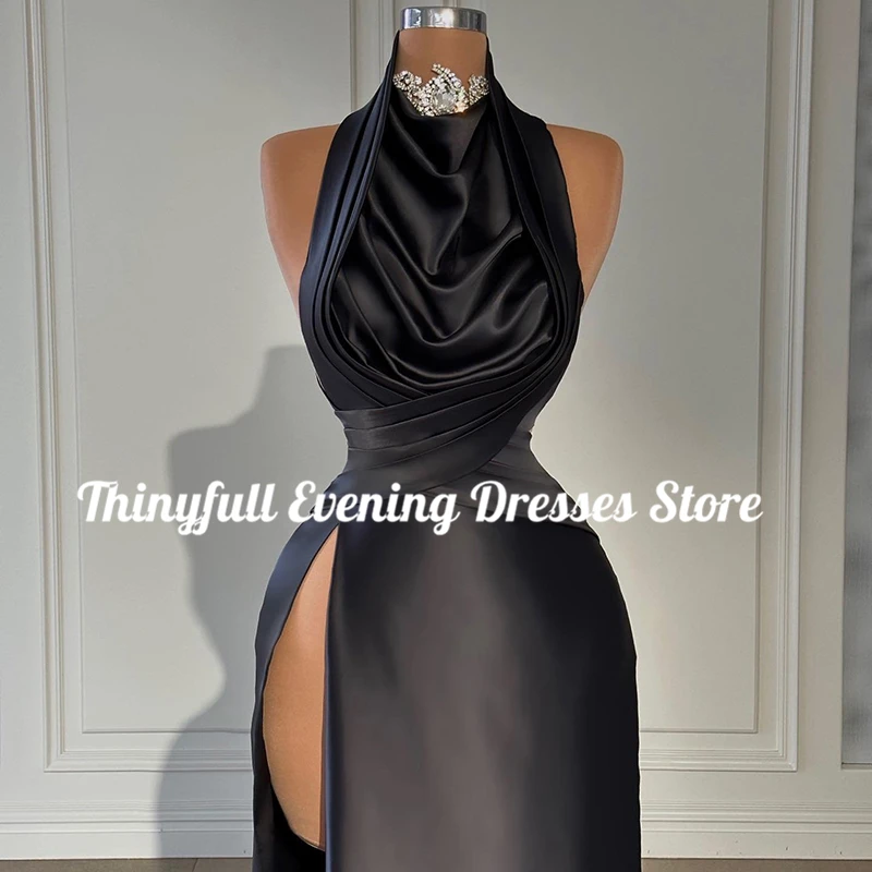 Thinyfull Black Mermaid Prom Dresses Halter Neck Beadings Evening Dress Formal High Split Cocktail Party Prom Gowns Custom Size