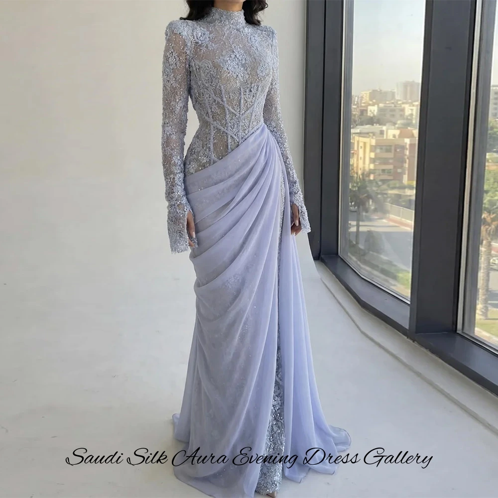 Classic Long Sleeves High Collar Evening Dress Customized Mermaid Appliques Celebrity Gowns High Quality Lace Vestido De Festa image 3