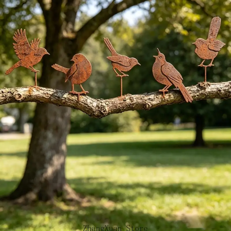 Vogel-Gartenstecker für Blumenkästen, 5er-Set, Topfstecker aus Metall mit abgenutzter Oberfläche und Vogelausschnitten für – Detail 4