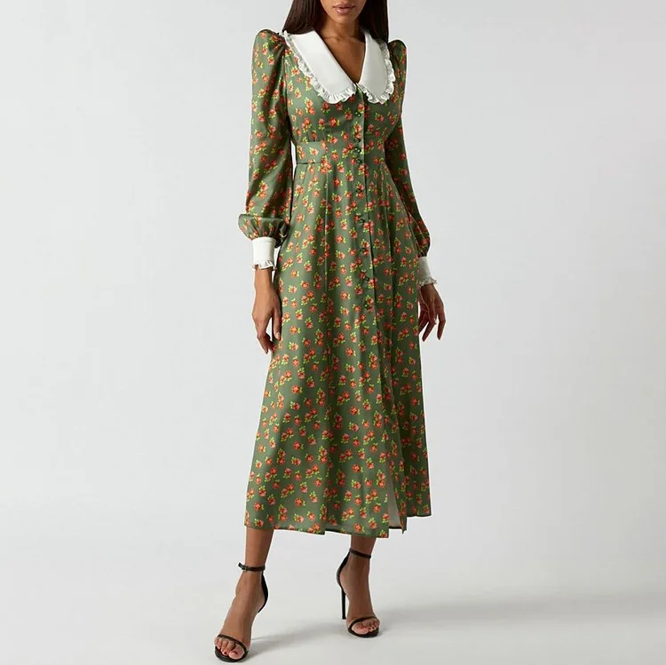 Vrouwen Schattige V-Hals Lange Mouw Hoge Taille Lange Jurk Bloemenprint Boho Maxi Jurk Vestidos