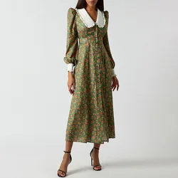 Abito lungo da donna carino con scollo a v manica lunga a vita alta con stampa floreale Boho Maxi Dress Vestidos