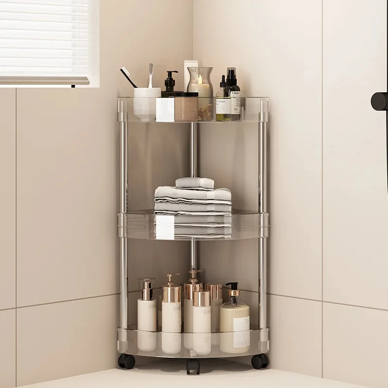 Stainless steel Rack Multi-Layer Transparent Bathroom Shelf Storage Trolley Easy-Move Corner Space-Saving for Bathroom