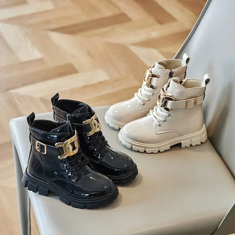 New Children Casual Shoes Kids Fashion Girls Ankle Boots Chains Glossy Non-slip Versatile Simple Side Zipper Catwalk Shoes PU