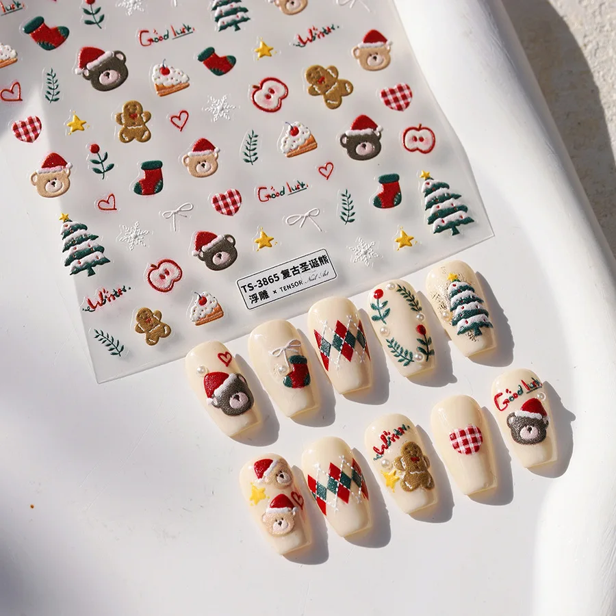 Cute Christmas Bear & Gingerbread Nail Stickers - Xmas Tree Winter Snowflake Holiday DIY Nail Art Decals