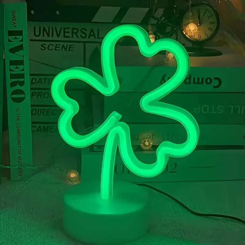 Green LED Clover Neon Light Sign with Holder Base Battery or USB Powered LED Neon Lights Palm Tree Design for Home Decor Wedding