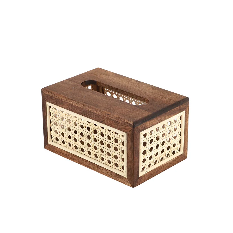 Simple Stylish Extraction Style Wood Tissue Box Living Room Napkin Paper Boxes Rattan Woven Desktop Tissue Paper Storage Holder