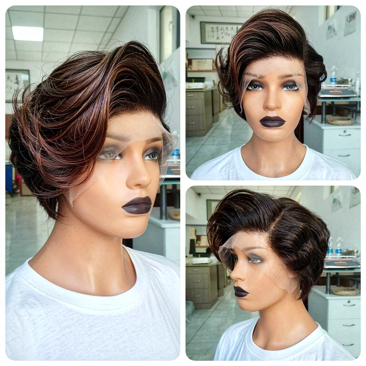 Peruvian Human Hair Pixie Bob Wig 13x4 Lace Front 4/27 Brown Honey Blonde Highlight Lightweight Natural Look for Black Women