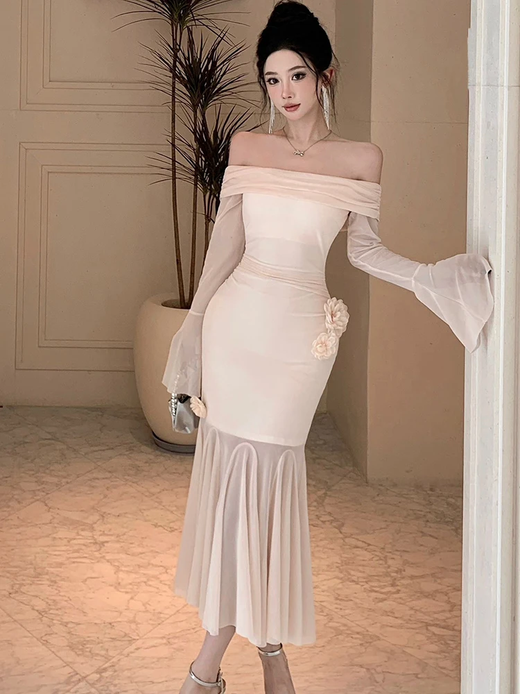 Robe longue à volants en maille Patchwork pour femmes, couleur unie, élégante, manches évasées, col Slash, automne hiver, robe de bal moulante coréenne, 2025