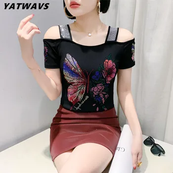 M-3XL Yeni Marka Kelebek Tasarım T-Shirt Seksi Kapalı Omuz Parlak Çiçek Sıcak Elmas Kadın Üstleri Bayanlar Zarif Örgü Tees Gömlek