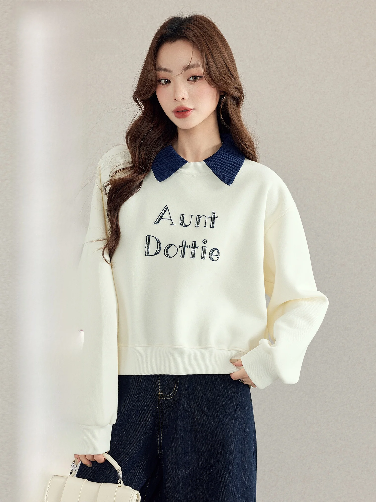 

Meng Xiaoqi College Sle Patchwork Sweatirt Women's Loose Casual Slimming Autumn Design Versatile Top Korean Commute Sle