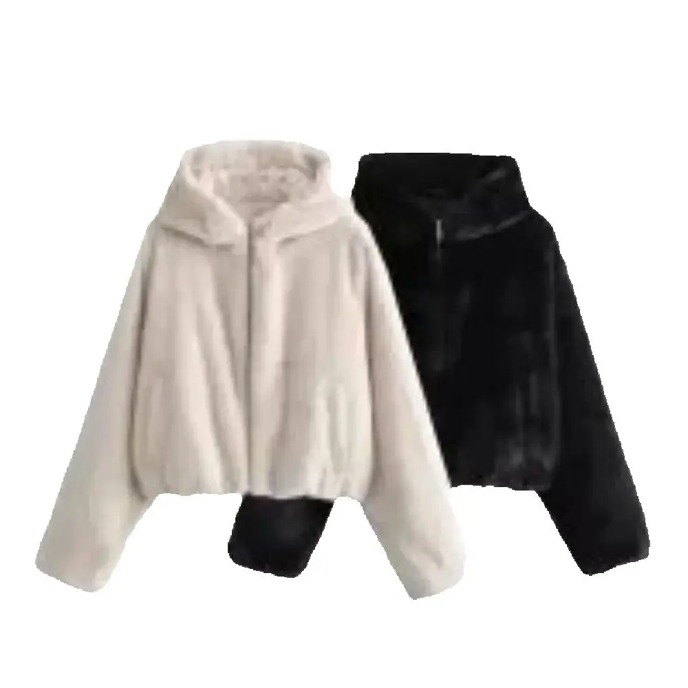 

women's woolen loose top hooded long sleeved zipper pocket autumn and winter new warm jacket
