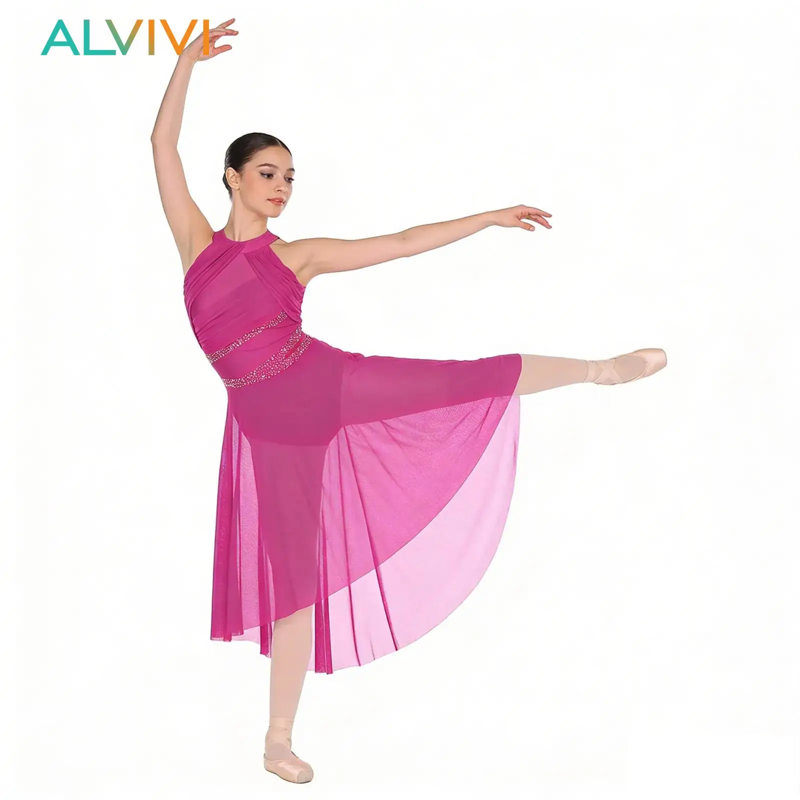 

Women Ballet Gown Dancewear Halter Neck Rhinestone Mesh Lyrical Contemporary Dance Dress Irregular Hem Stage Performance Costume
