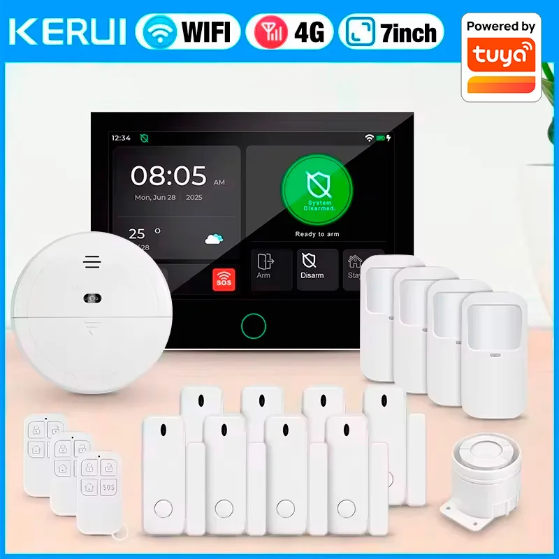 KERUI 7-inch Large IPS Touch Screen Home Alarm Panel 4G LTE GSM WiFi Wireless Alarm Security System Burglar Works with Tuya