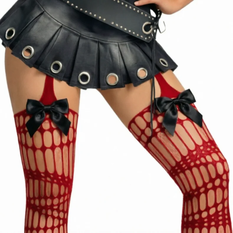 Wine Red Suspender Socks with Thigh Bowknot Pantyhose Gothic Socks Woman Breathable Mesh Bodystockings Female Tights