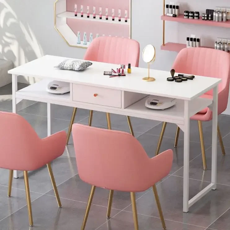 Cheap Luxury Pink Professional Equipment Manicure Desk Client Table For Nail Beauty Salon Furniture Nail Tables And Chairs Sets