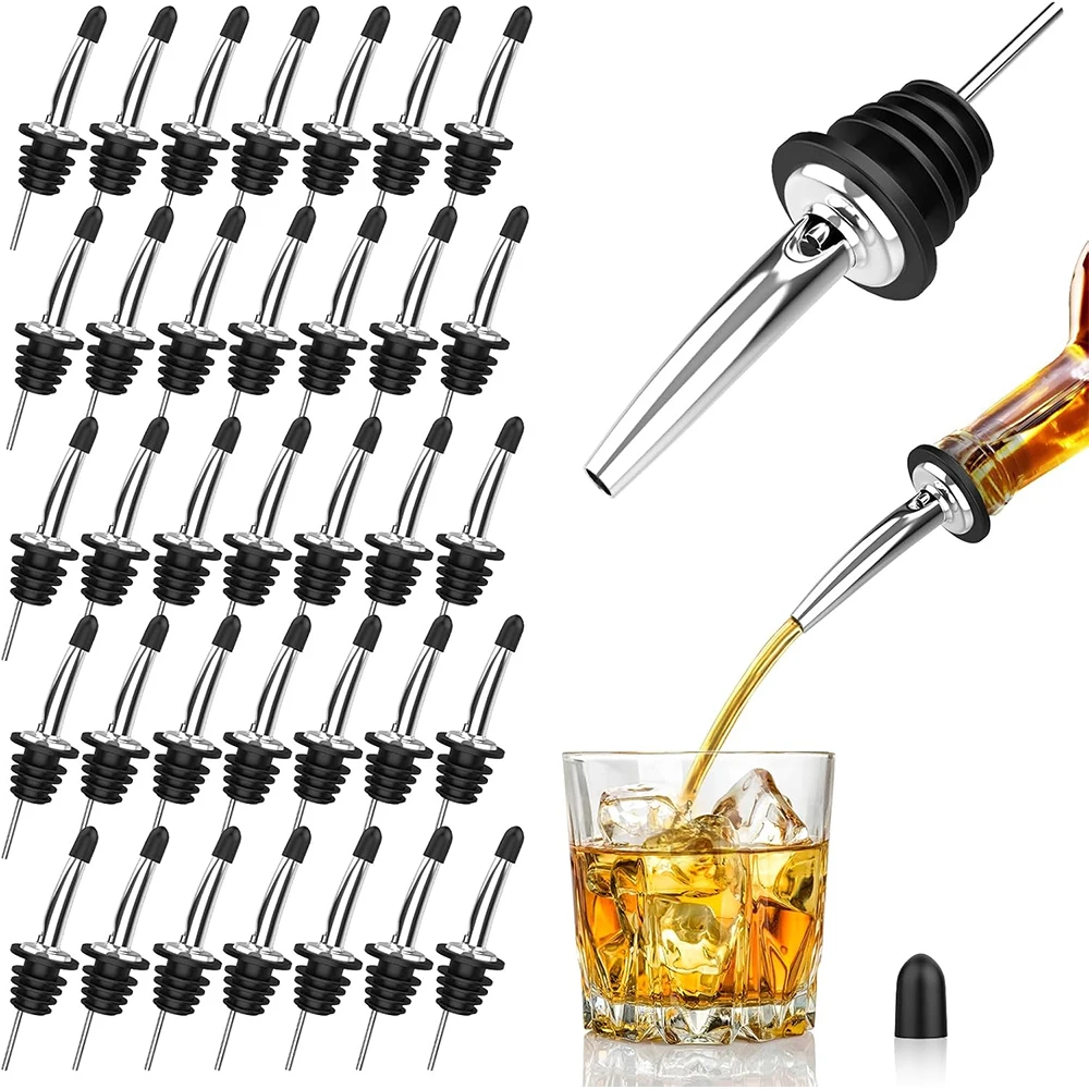 LMETJMA Classic Liquor Bottle Pourers Stainless Steel Olive Oil Spouts Bar Liquor Pourers with Rubber Dust Caps For Alcohol Oil