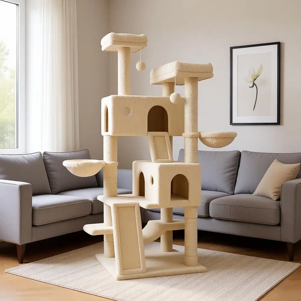 

Большой кошачий дерево-комплекс 65 дюймов для домашних кошек/Многоуровневый игровой центр с широким основанием/Уютные плюшевые площадки для кошек