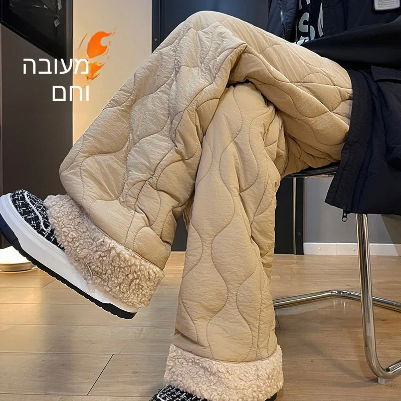 Khaki Diamond Pattern Cotton Pants Men's Winter Super Thick Lamb Velvet Casual Wide Leg Sweatpants Korean Lazy Style