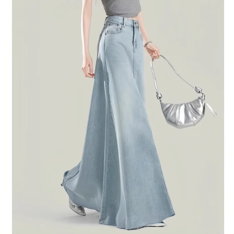 Korean Fashion High Street Commuter Light Blue Denim Maxi Skirt Women Spring Summer A-line High Waisted Bodycon Jeans Long Skirt