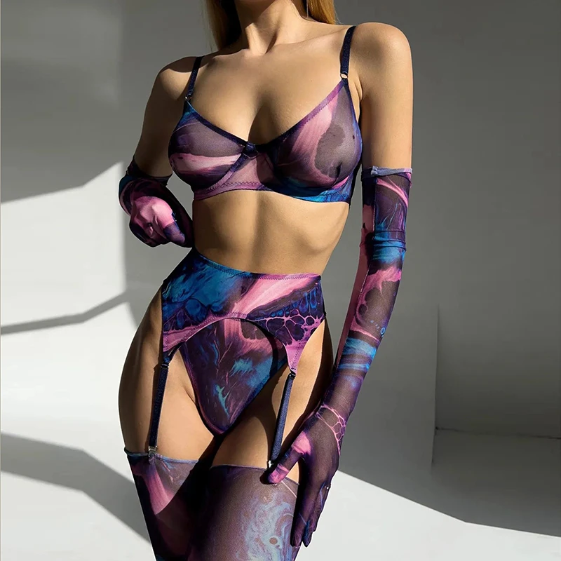 Sexy Lingerie Women Porn Body Hot Selling Transparent Print Erotic Lingerie Underwear Gloved Stocking Garters Set Avatar Style