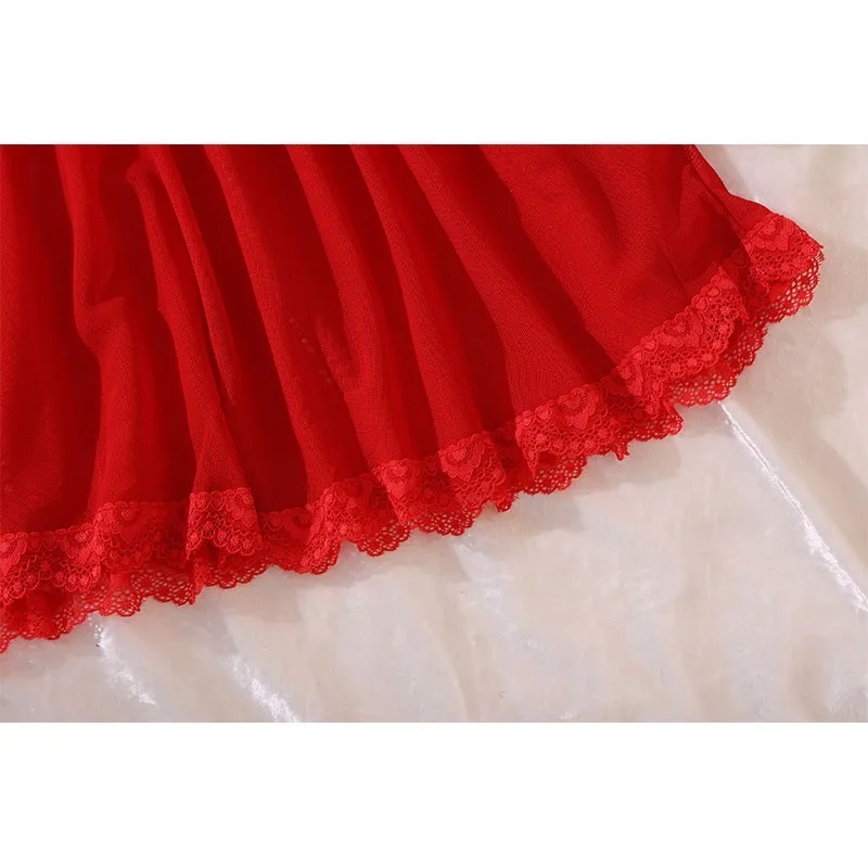 مثير البرازيلي وحزام الرباط الملابس الداخلية الساخن الأحمر فستان بيبي دول المثيرة المرأة رائعة 3 قطعة مجموعات ثونغ ثوب النوم مجموعة مع حلقات الساق