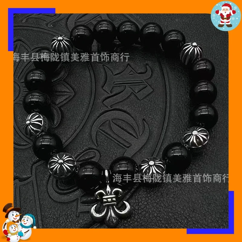New Thai Silver Old Cross Obsidian Bracelet Trend Versatile Personality Couple Bracelet Factory Price Direct Supply