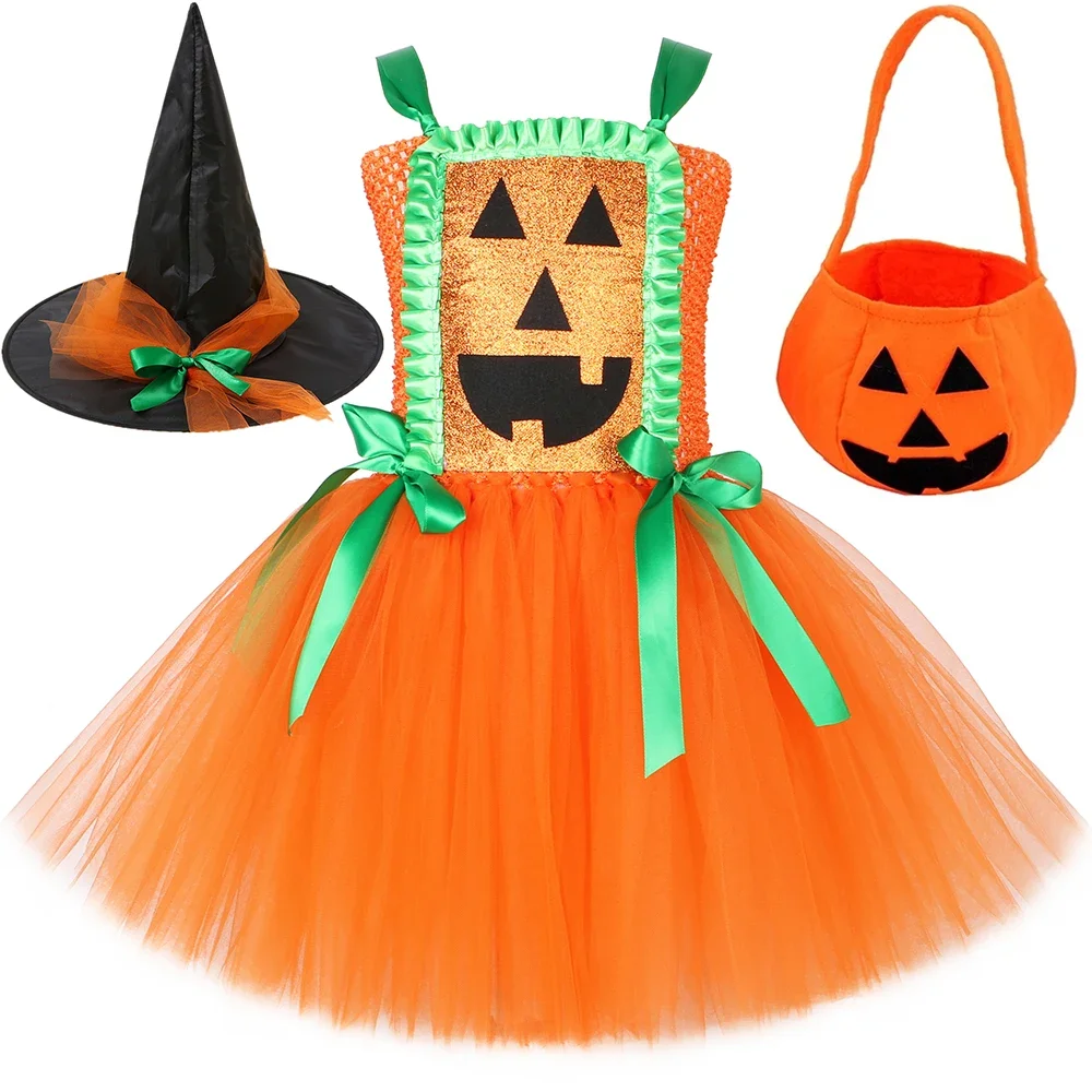 Halloween Pumpkin Costume for Kids Holiday Carnival Party Dresses Orange Jack Lantern Tutu Dress Girls Fancy Dress Up Clothes