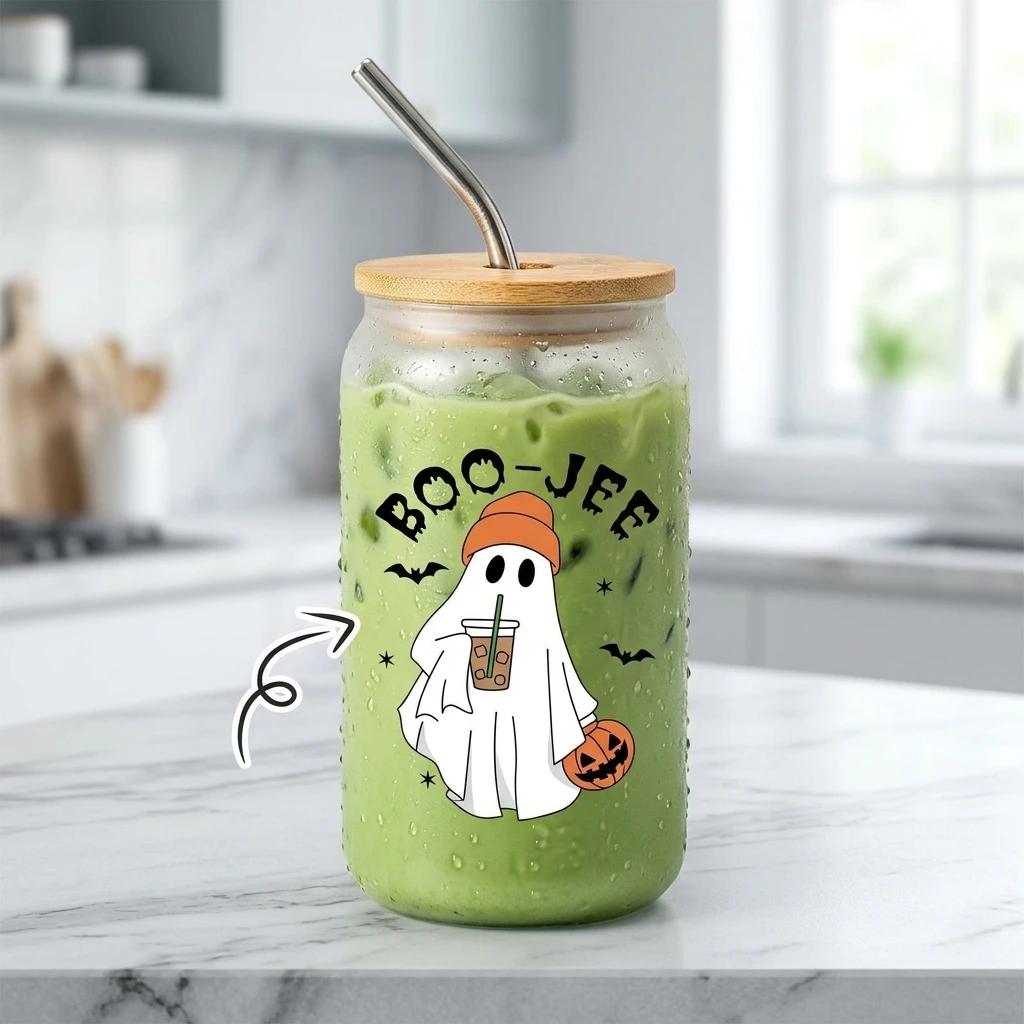 1. Halloween Boo-Jee Ghost Glass Can Tumbler, Spooky Ghost Pumpkin Print Coffee Glass, Halloween Party Favor Gift for Friends.