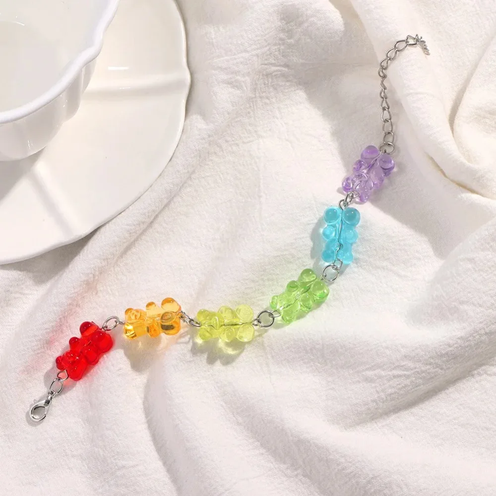Oso de goma de colores del Arcoíris para mujer, joyería de pulsera de gelatina, tendencia de dibujos animados Simple, Ins