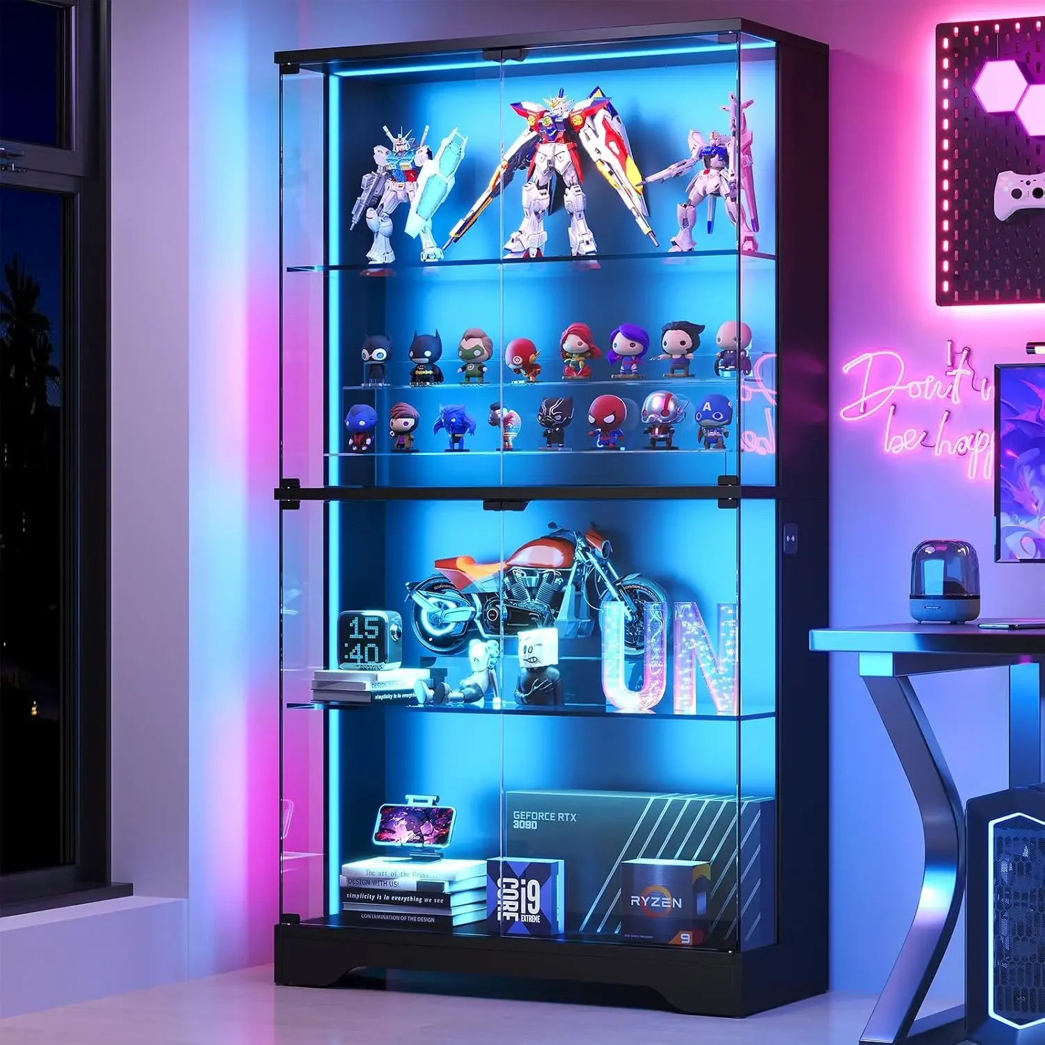 Glass Display Cabinet with Motion Sensor RGB Lights, Modern Display Case for Collectibles, Black Curio Cabinet, 4-Tier Display