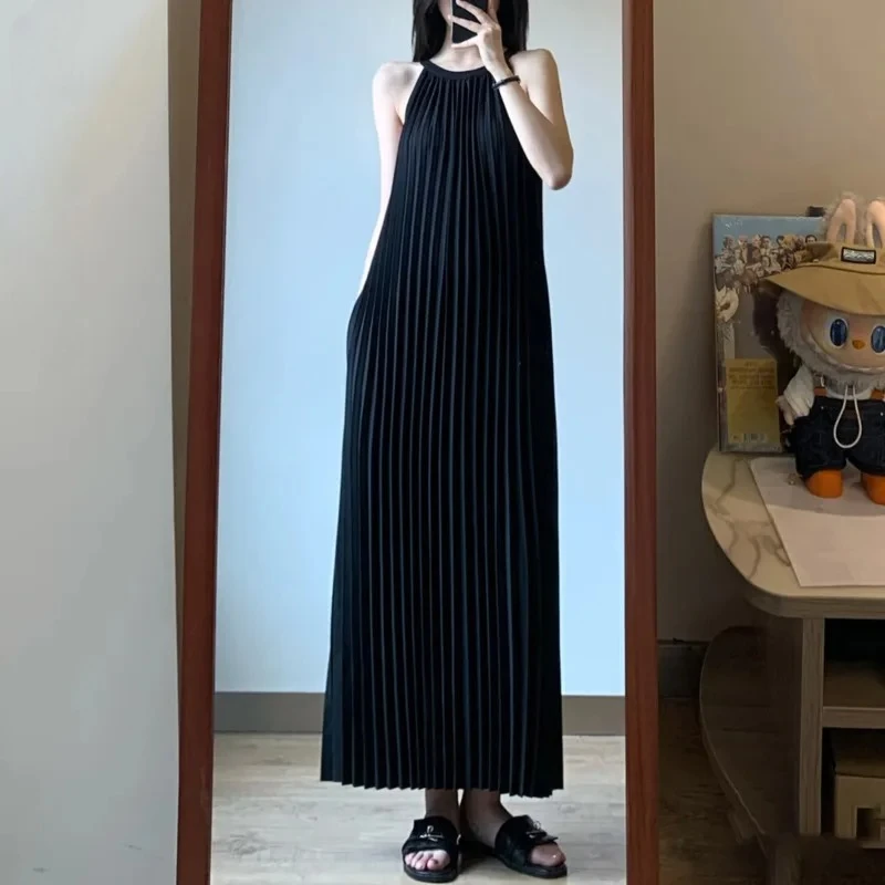 

Pleated Dress Beach Holiday Style Strapless Pleated Long Dresses Miyake 2025 Summer Women's High Quality Elegant Solid Colour