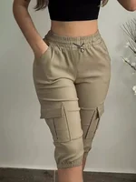 Summer Women's Slim-Fit Capri Trousers Solid Color Casual Multiple Pocket Lace-Up High Waist Tight Leggings Capri Pants - Image 3