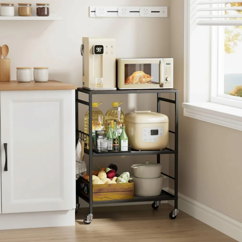 3-Tier Rolling Kitchen Cart with Adjustable Shelves & Locking Wheels - Microwave Storage Organizer for Small Spaces